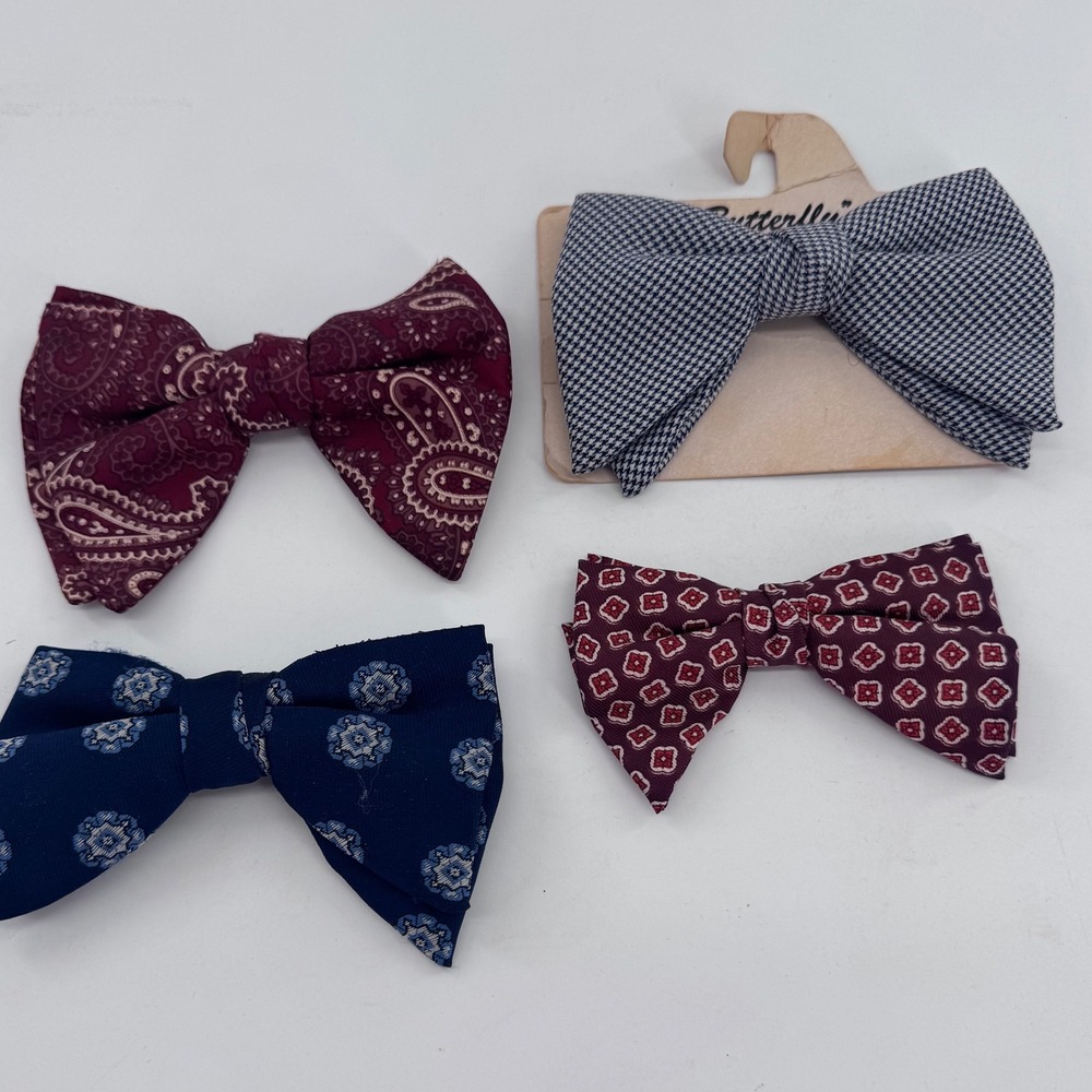 Vintage Clip On Bow Tie Lot of 4 Paisley Houndstooth Geometric Burgundy‎ Navy